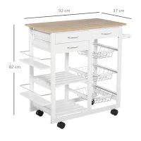 Carrello da Cucina con Ruote, Mobile da Cucina Salvaspazio in Legno Massiccio: 3 Cassetti, 3 Cestelli, 2 Portaspezie, 2 Ripiani, 92x37x82 cm
