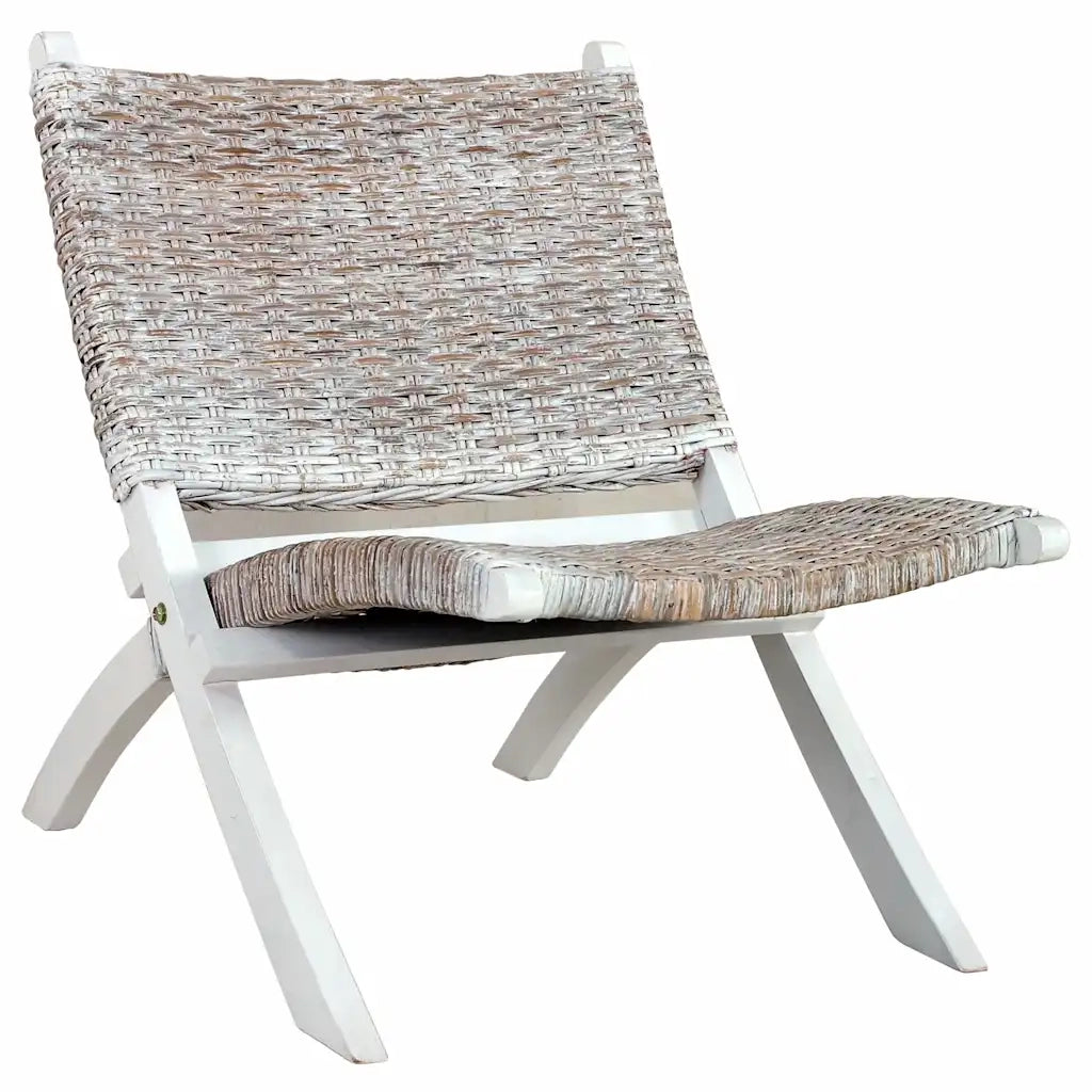 Poltrona | Sedia Relax Bianca in Rattan Kubu Naturale e Mogano Massello