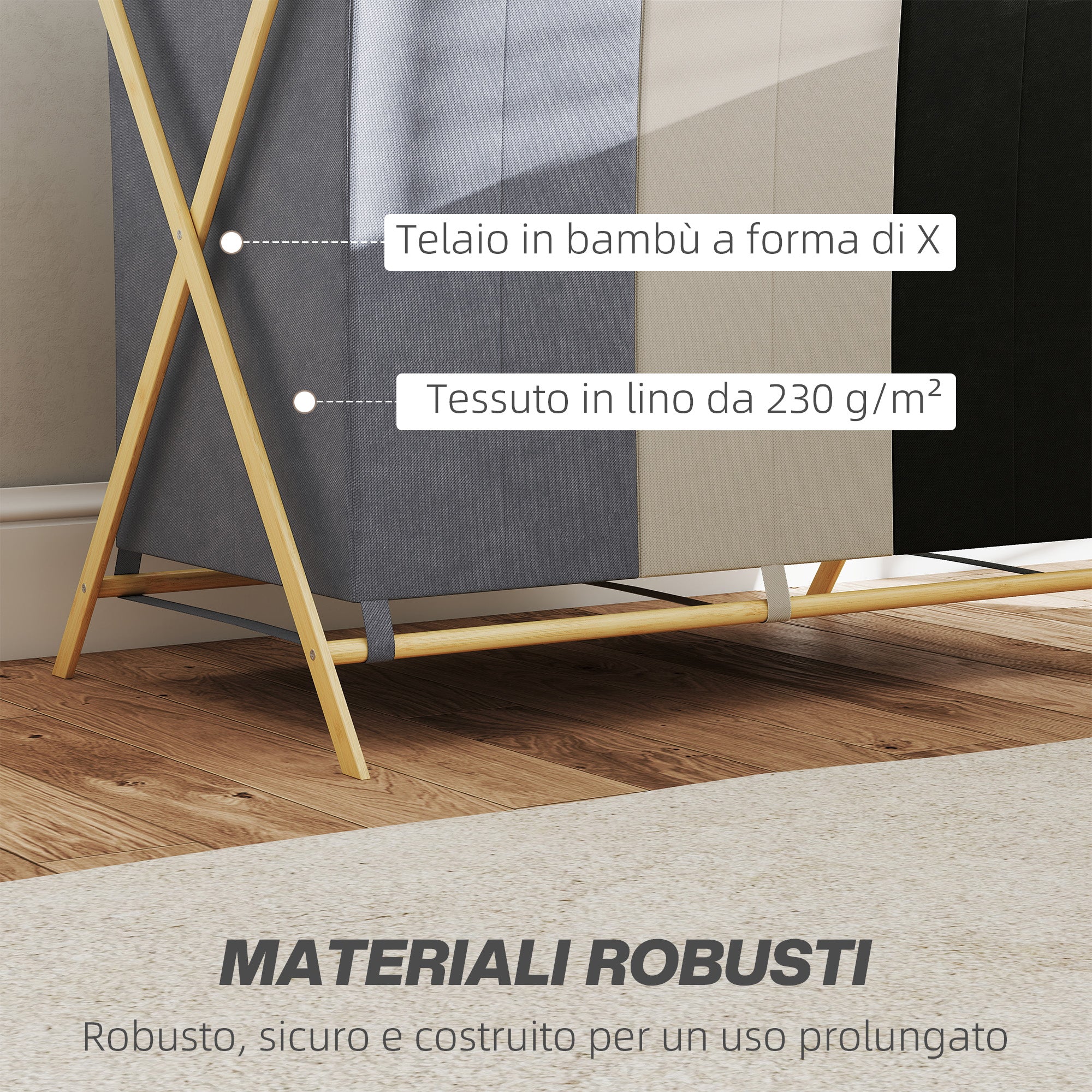 Cesto Portabiancheria Pieghevole 75x48x67 cm a 3 Scomparti in Bambù e Tessuto Effetto Lino Multicolore