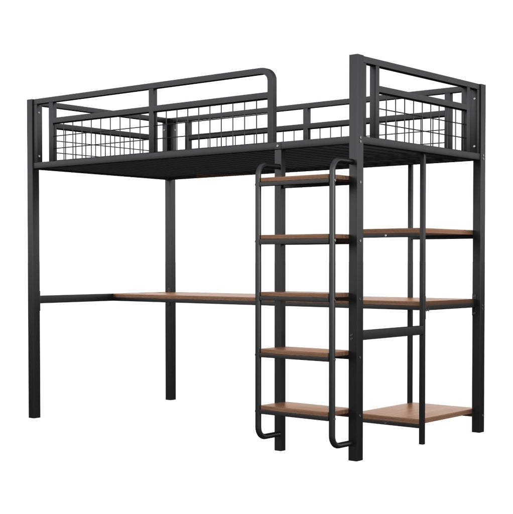 Letto a soppalco 90x200 cm con tavolo e ripiani; scala di sicurezza in metallo nero