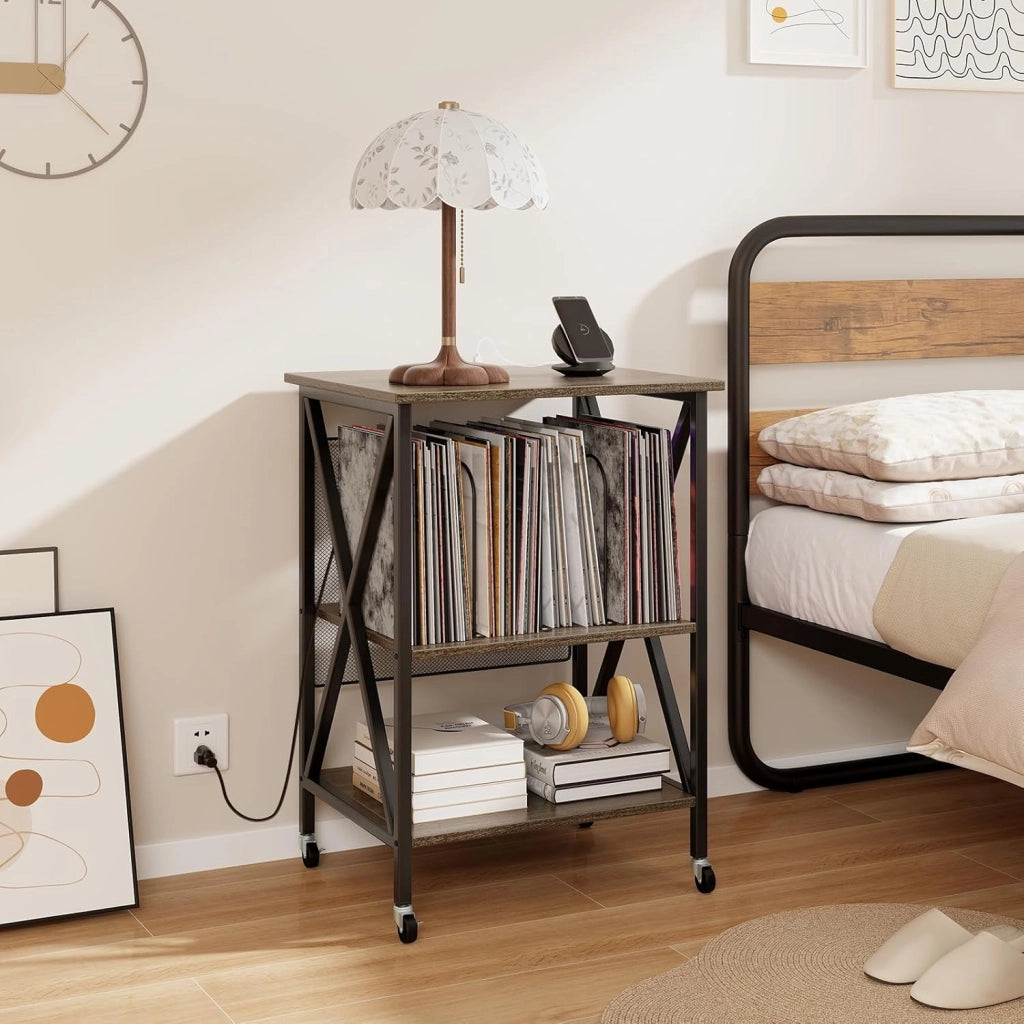 Supporto per Giradischi, Tavolo per Conservare Dischi in Vinile, Tavolo per Giradischi in Stile Mid-Century con Stazione di Ricarica, Ruote Bloccabili per Camera da Letto, Soggiorno (Grigio)