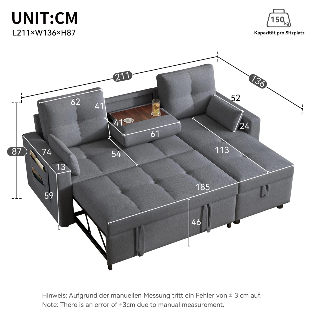 SOFÀ L-Forma Modulare Letto Estraibile 211x136x87 cm Grigio Lino