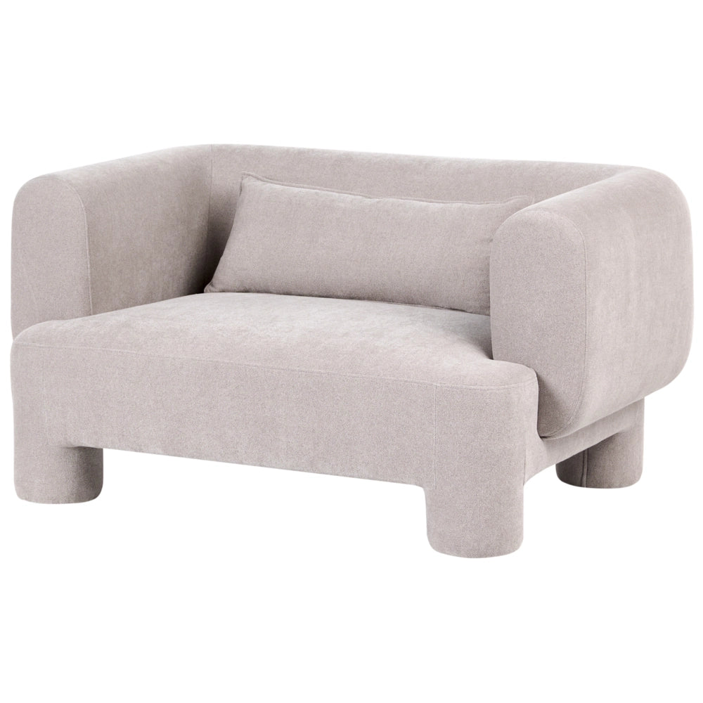 Set da salotto divano a 3 posti, divanetto e poltrona in tessuto beige scuro, dalle linee morbide e curve, in stile retrò minimalista
