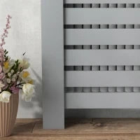 Copritermosifone in MDF a Doghe, Copricalorifero a Griglia con 2 Cassetti, 111x19x95.5 cm, Grigio