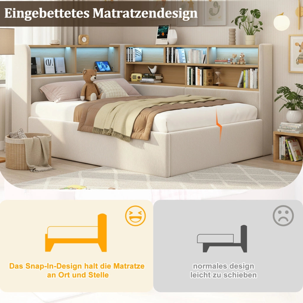 Tagesbett 90x200 cm con contenitore idraulico; LED; USB e USB-C; velluto beige