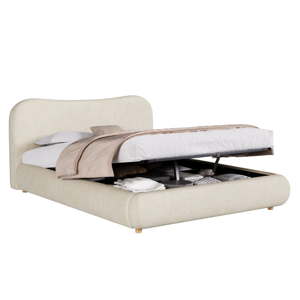 Letto 160x200 cm con contenitore idraulico e rete a doghe in ciniglia beige
