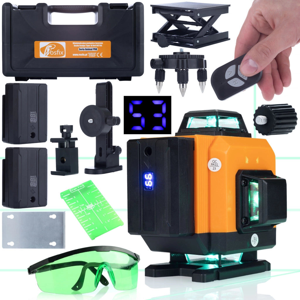 Livella Laser Rosfix Orange Tiger ROT16L – 16 Linee, Autolivellante, IP54 | Set con Targa Verde e Occhiali Protettivi