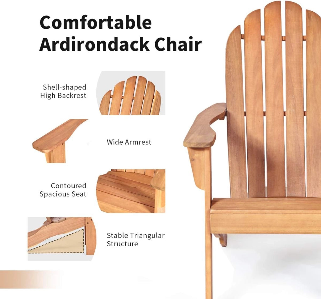 Adirondack - Sedia da giardino in legno di acacia con schienale e braccioli, ergonomica, in legno, fino a 160 kg, per balcone, giardino, spiaggia (naturale)