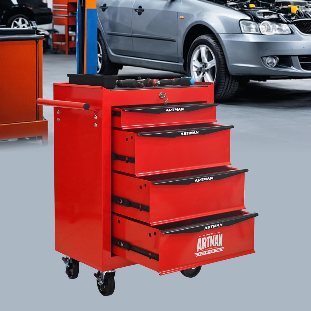 Carrello portautensili con 4 cassetti, 4 ruote e serratura, in acciaio, per garage e officina, rosso nero, 60 × 33 × 77.5 cm