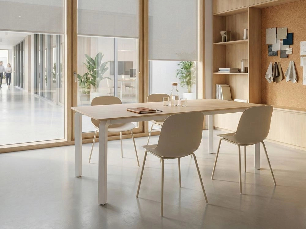 Tavolo da riunione con piano in pietra sinterizzata effetto travertino struttura in ferro,per interni ed esterni per l'ufficio domestico stile moderno