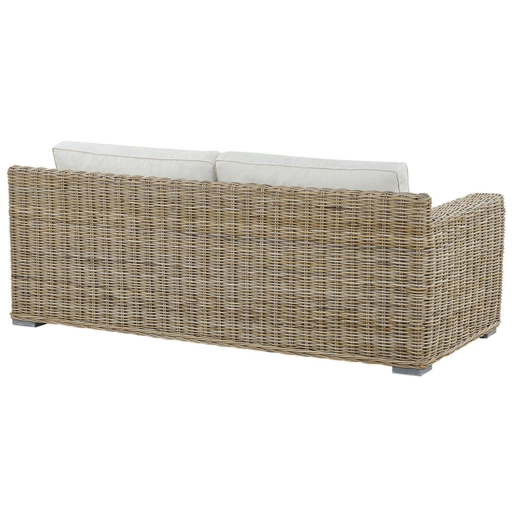 Divano da giardino in vimini rattan marrone chiaro da esterno a 2 posti con cuscini bianchi