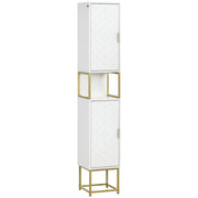 Colonna Bagno con 2 Armadietti e Ripiano in MDF e Acciaio, 30x30x170.7cm, Bianco e Oro