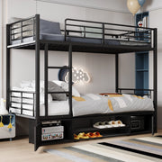 Letto a castello in metallo 90x200 cm con scala; ripiano per scarpe e 2 armadietti nero