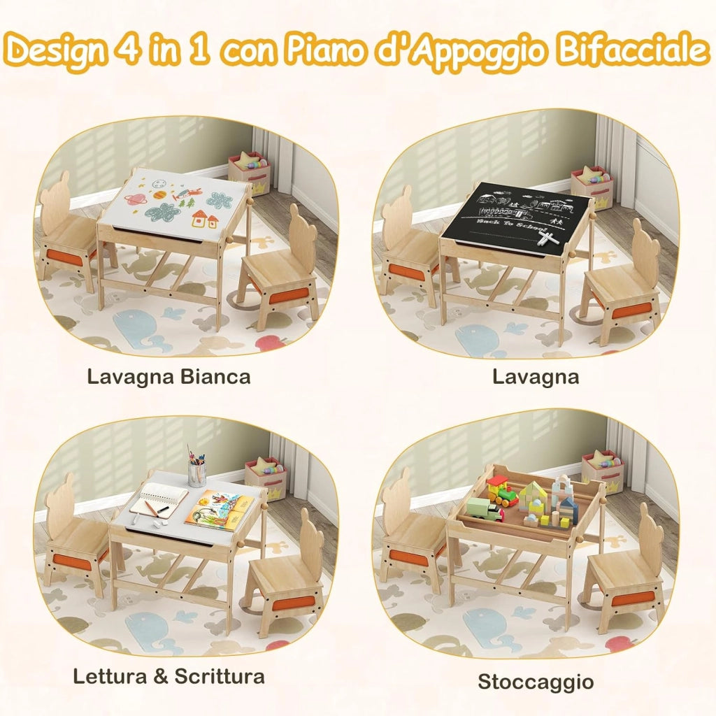 4 in 1 Set Tavolo e Sedie per Bambini 3+ Anni, Tavolo in Legno con Lavagna Reversibile Bianca e Nera, Sedie Ergonomiche con 2 Cassetti Portaoggetti, Ideale per Arti, Mestieri e Giochi (Panda)