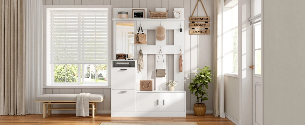Set mobili da ingresso 120x30x180 cm con specchio, scarpiera, appendiabiti in MDF bianco