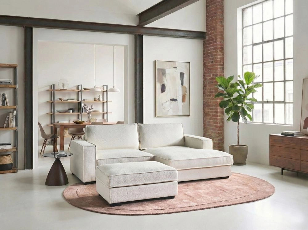 Divano angolare lato sinistro in bouclé con ottomana Schienale imbottito in poliestere con cuscini Beige chiaro stile moderno