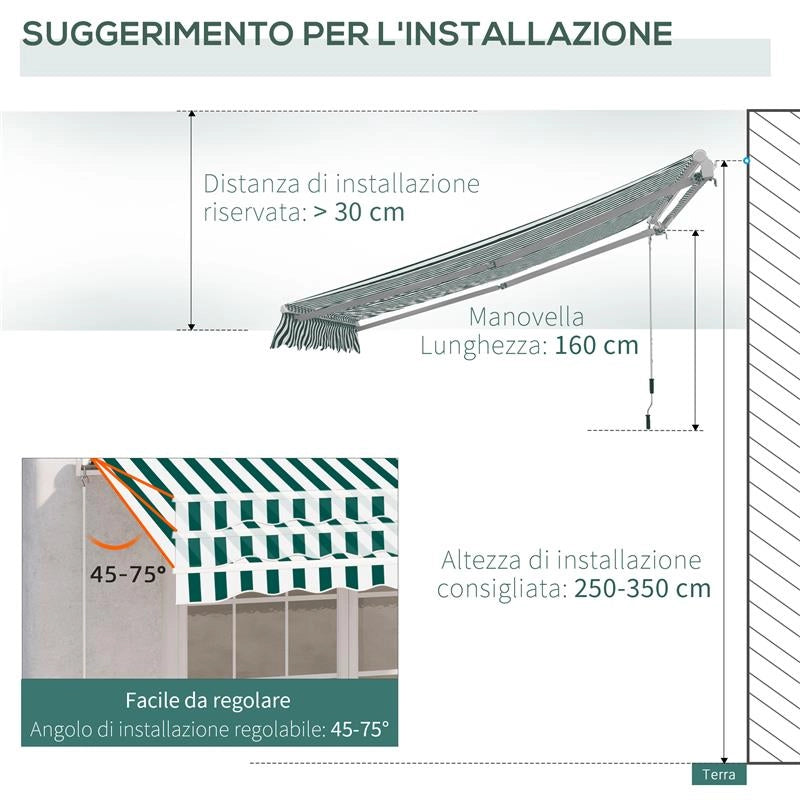 TENDA DA SOLE A BRACCI PER ESTERNO CON MANOVELLA METALLO E POLIESTERE 295X250CM VERDE E BIANCO