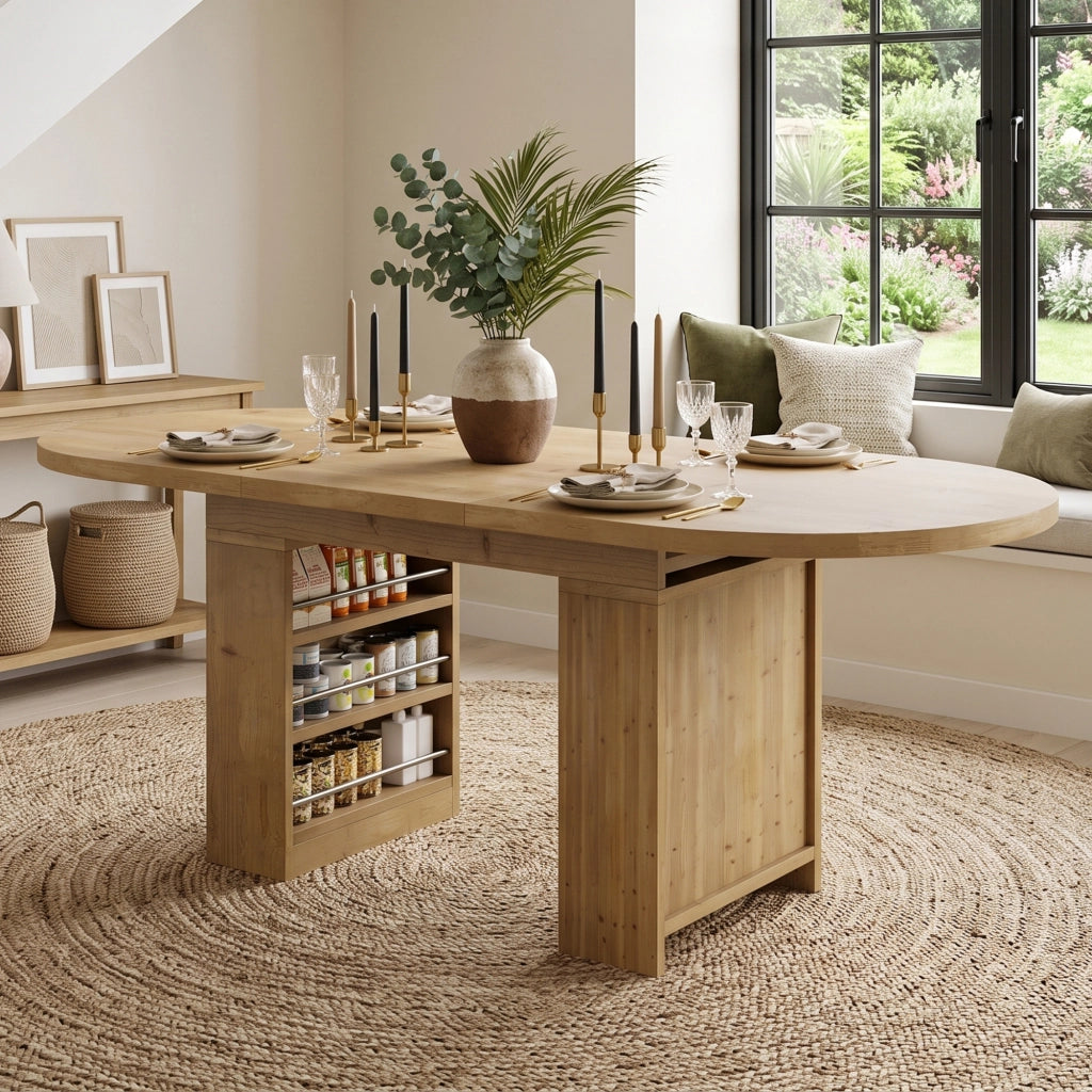 Tavolo da pranzo ovale allungabile 150-200x90 cm per 6-8 persone; piano 2;4 cm con vani portaoggetti; MDF effetto rovere