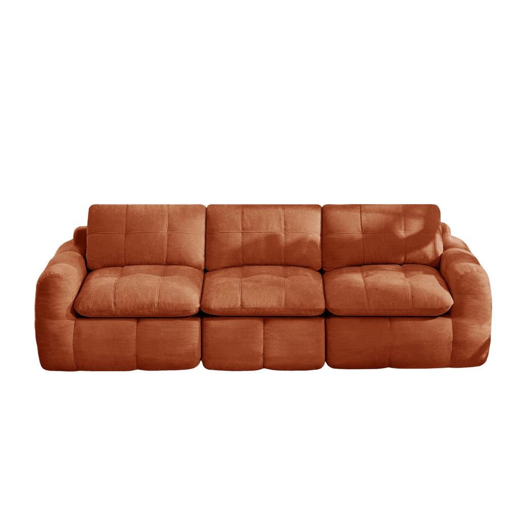 Divano modulare 3 posti senza telaio 264x97x68 cm in chenille arancione con design trapuntato
