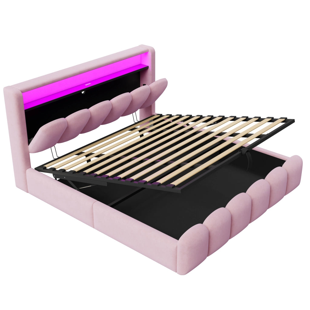 Letto matrimoniale imbottito 180x200 in velluto rosa con contenitore idraulico; LED e prese USB Type-C