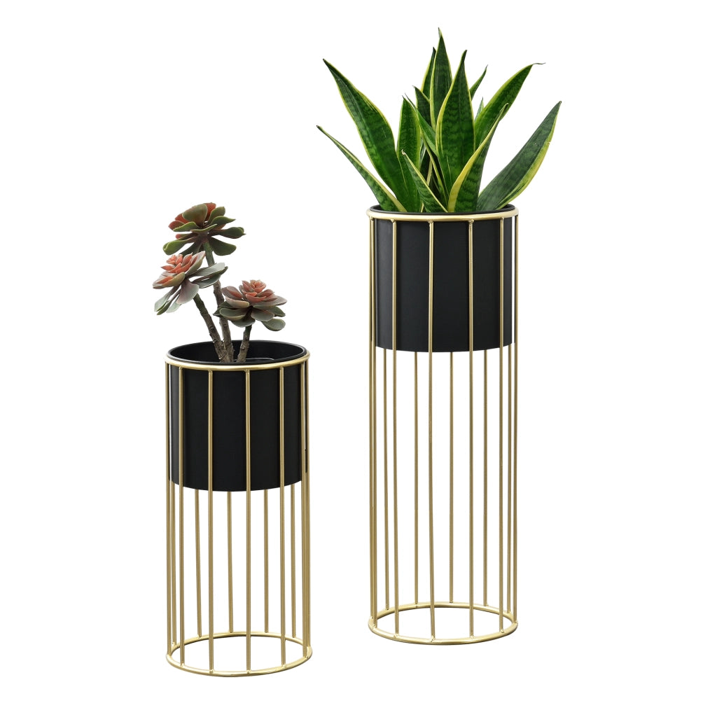 Set di 2 Portavasi in Metallo Supporto per Piante in 2 Misure Diverse con Coprivaso Nero e Base di Forma Rotonda in Color Oro