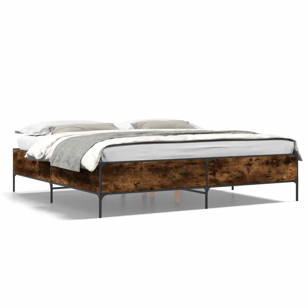 Letto matrimoniale | Letto per adulti | Giroletto Rovere Fumo 200x200 cm in Legno Multistrato e Metallo