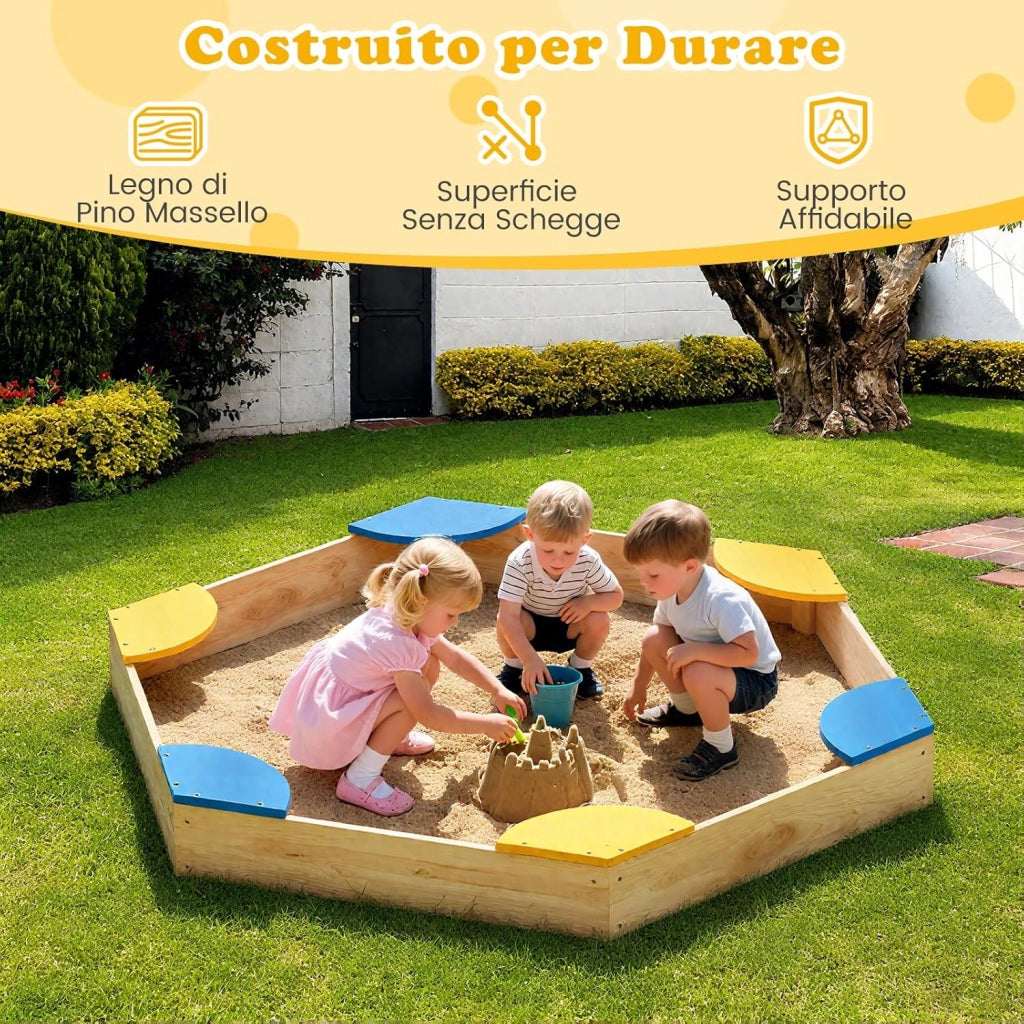Sabbiera in Legno per Bambini, Combo Piscina di Sabbia e Fioriera Aperta con 6 Sedili per Giardino, 140 x 122 x 14 cm, per Bambini 3 Anni+