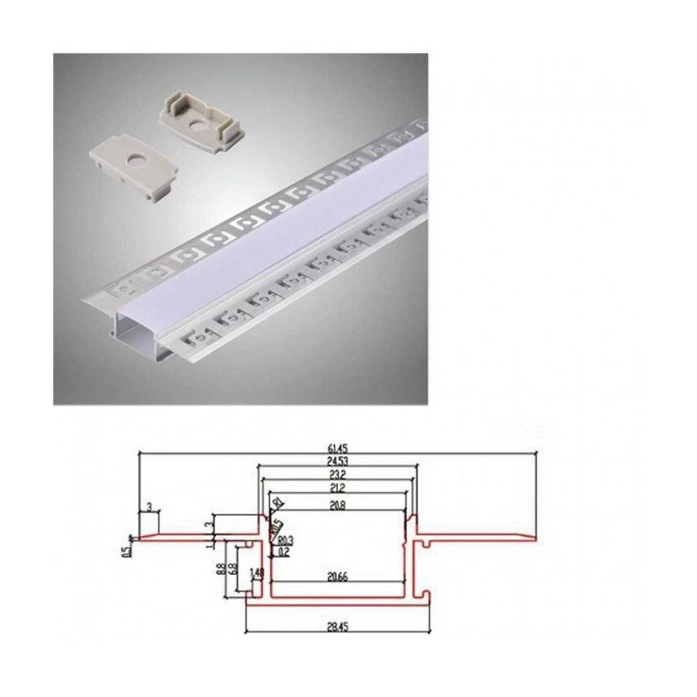 Trade Shop - Profilo Ad Incasso A Scomparsa Alluminio 2 Mt Copertura Opaca Strip Led Al-12 -