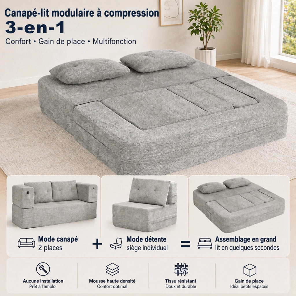 Divano modulare letto in tessuto con tasche laterali e schienale reclinabile, grigio chiaro 199 × 194 × 39 cm