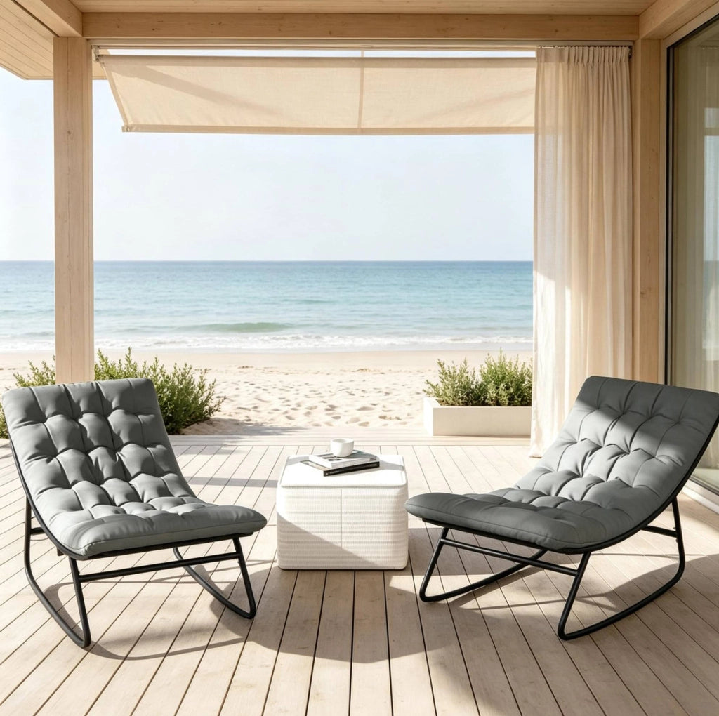 Set di 2 sedie a dondolo da esterno con cuscino; 64x101x71 cm; in acciaio nero e grigio scuro