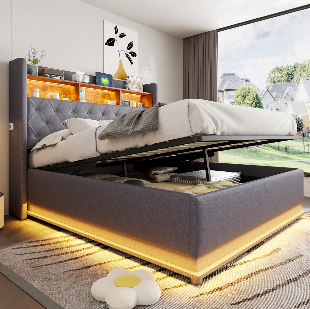Letto imbottito LED 160x200 cm con USB e vano contenitore