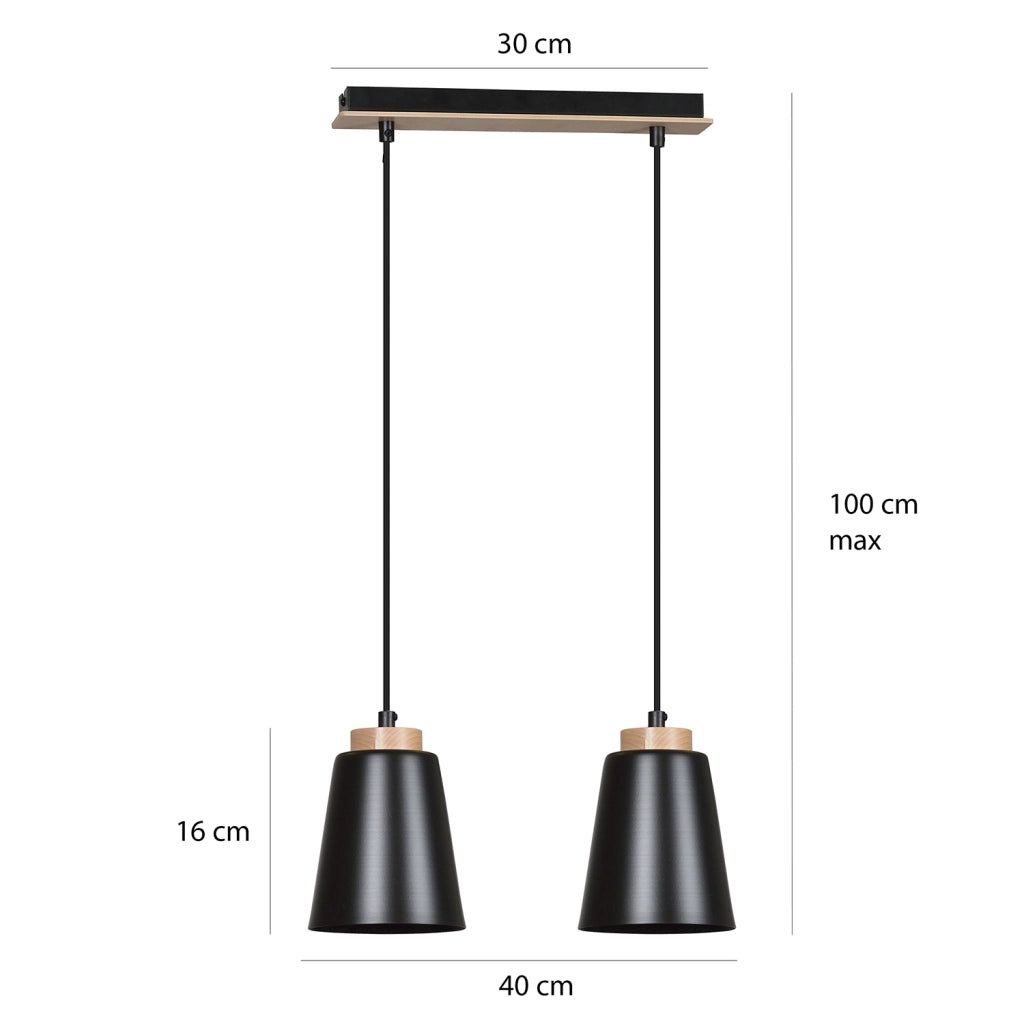 Lampadario 2 Luci Lancillotto Con Paralumi A Cono In Acciaio Nero E Legno Naturale