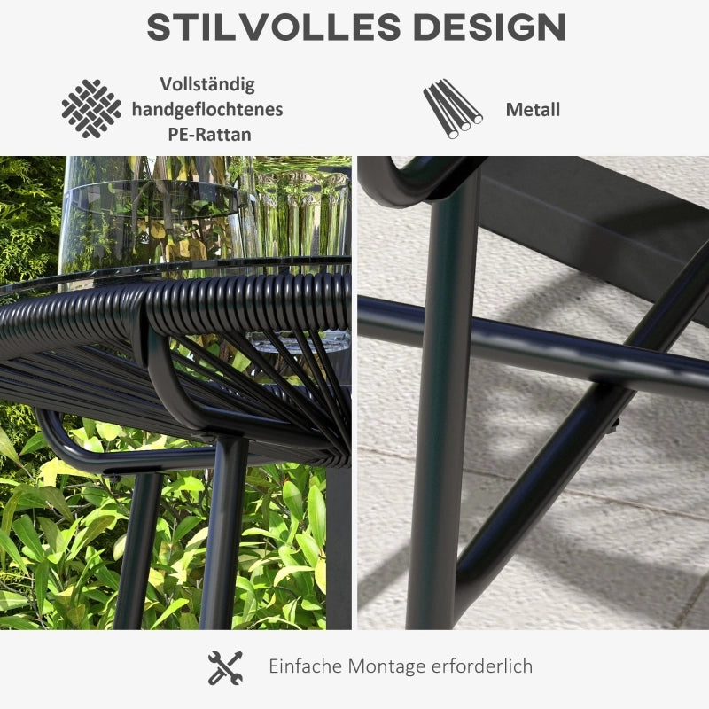 Tavolino Da Esterno In Stile Boho 50 X 50 X 50 Cm In Rattan Nero Con Piano In Vetro Temperato