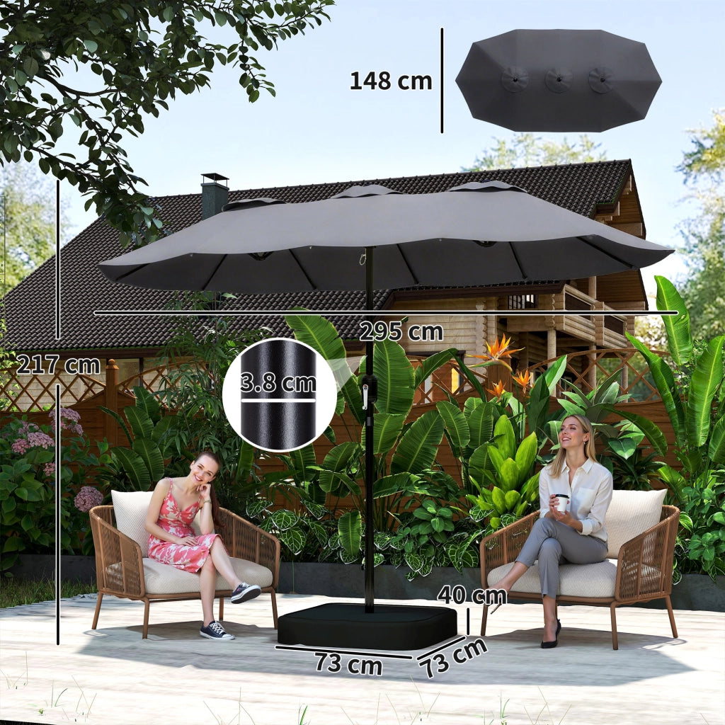Ombrellone Doppio da Giardino a 12 Stecche con Manovella Base a Croce e Sacchi in Metallo e Poliestere Grigio Scuro