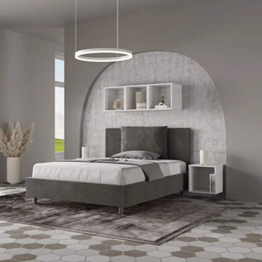 Letto matrimoniale francese contenitore imbottito 140x200 microfibra grigio Antea