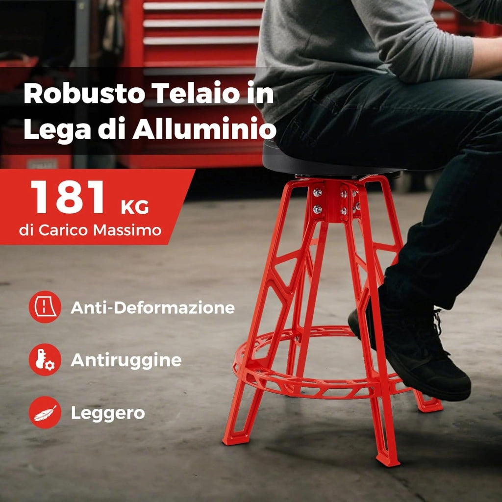 Sgabello da Officina, Sedia Meccanico in Metallo con Girevole a 360° e Seduta Imbottita, Capacità di 182 kg, Sgabello Alto da Lavoro con Poggiapiedi per Garage e Officina, Rosso + Nero