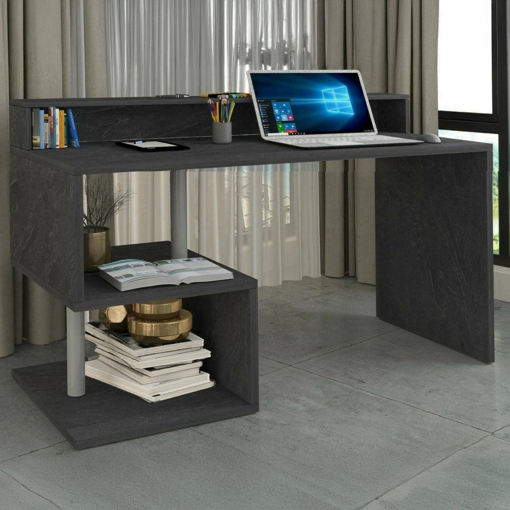 Scrivania Kobenhavn, Scrittoio lineare con ripiani portaoggetti, Scrivania ufficio multiuso con sopralzo, 140x60h93 cm, Ardesia