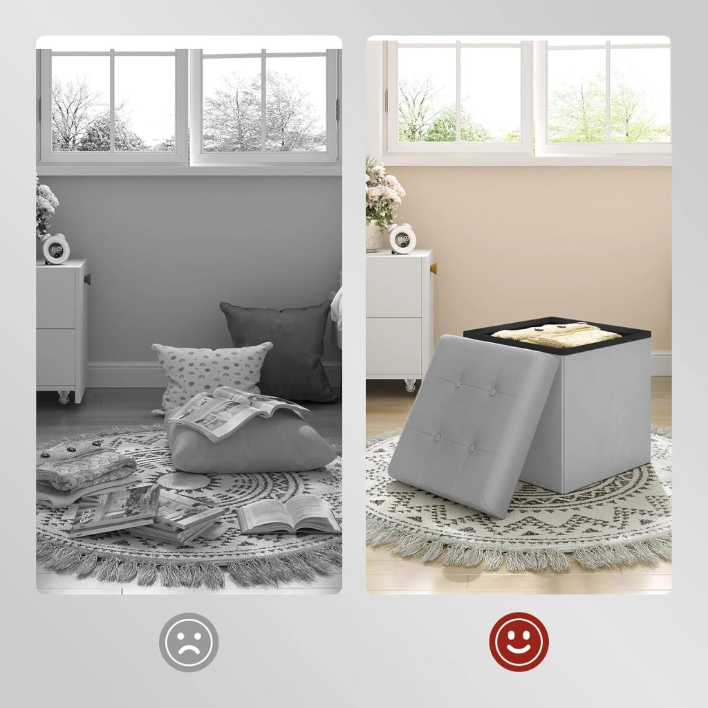 Set di 2 Pouf Pieghevole, Scatola Portaoggetti con Seduta in Velluto, Pouf Contenitore per Soggiorno Camera da Letto Ingresso, Sgabello Ripiegabile,Grigio Chairo