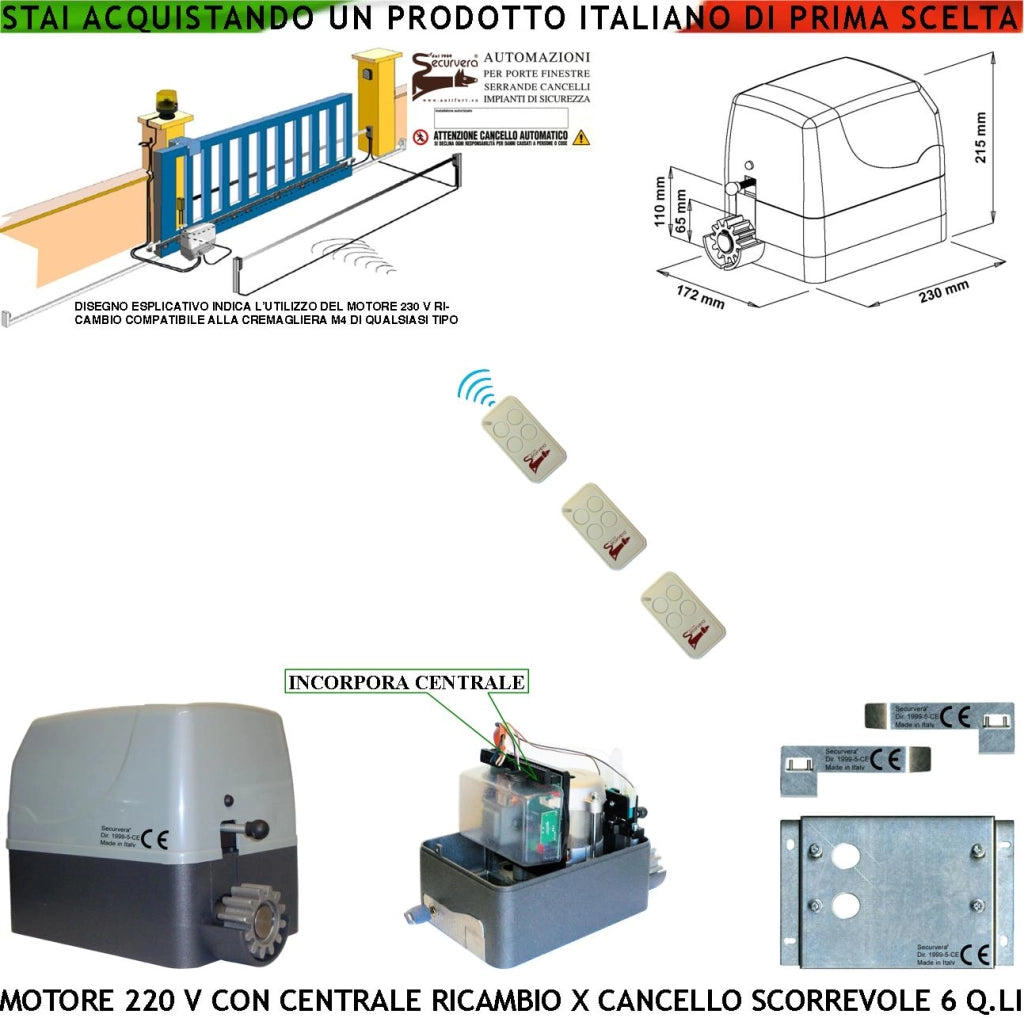Motore 230 V Incorpora Centrale 3 Radiocomandi Ricambio Cancello Scorrevole 6 Q.li di Qualsiasi Marca Fine Corsa Accessori di Fissaggio Condensatore Pignone Z12 Per Cremagliera Nylon M4 Universale