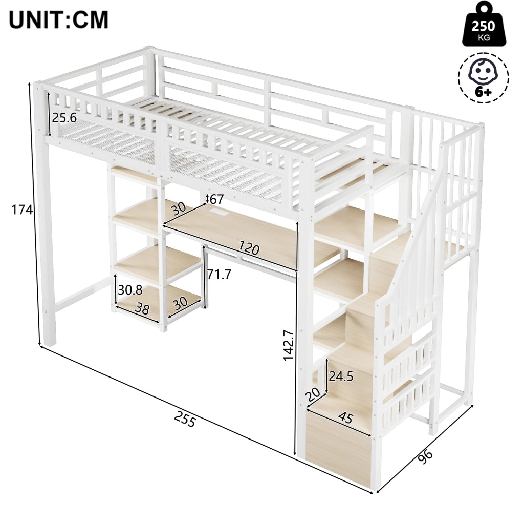Letto a soppalco 90x200 cm con scrivania, LED e USB, bianco
