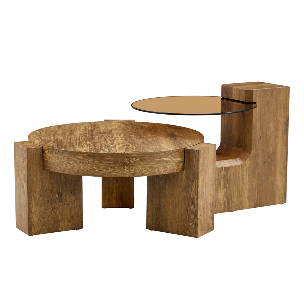 Set 2 tavolini rotondi MDF e vetro fumé marrone