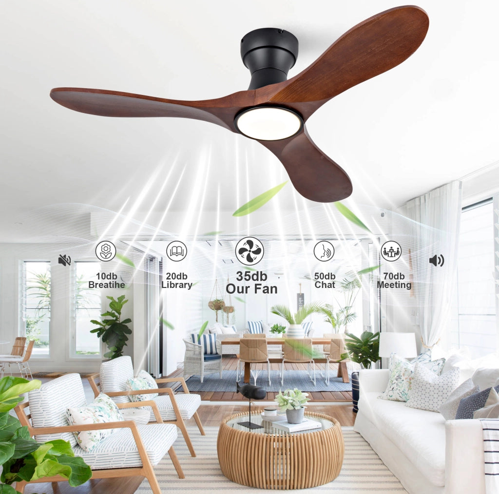 Ventilatore da soffitto 42 pollici con luce LED e telecomando; 3 pale in legno; nero e noce scuro