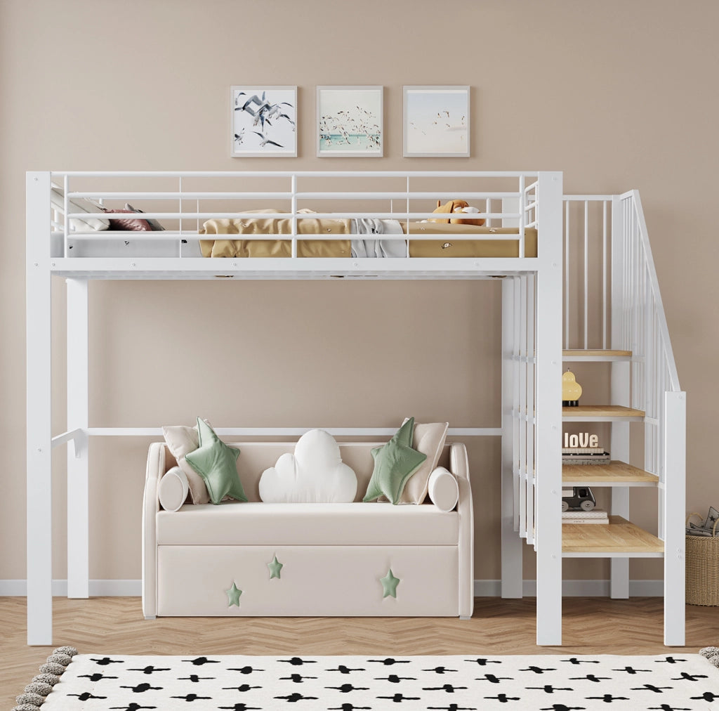 Letto a soppalco 140x200 cm in metallo bianco con scala