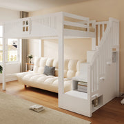 Letto a soppalco letto matrimoniale 140 × 200 cm con scala contenitore, ripiani e finestra, senza materasso, in legno, bianco