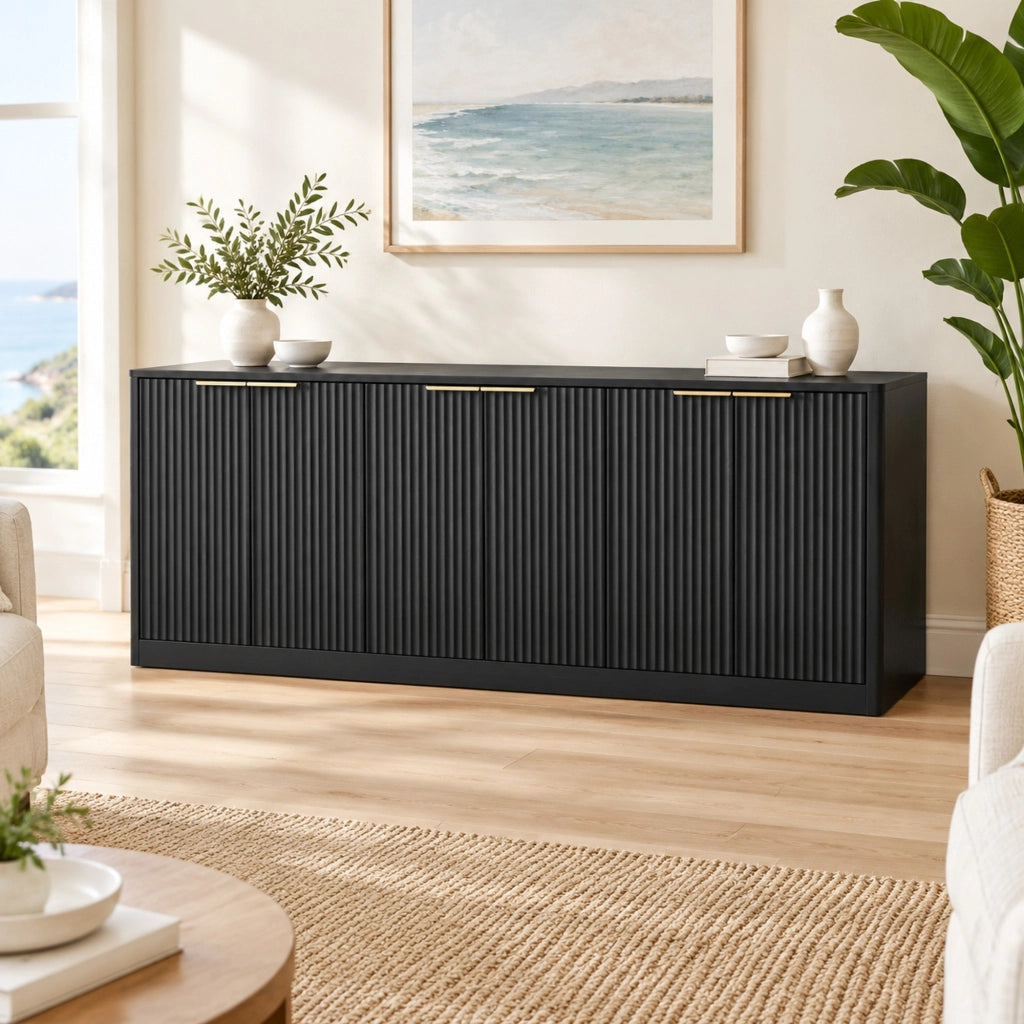 Credenza 170x40x70;5 cm a 6 ante in MDF con pannelli ondulati; nero