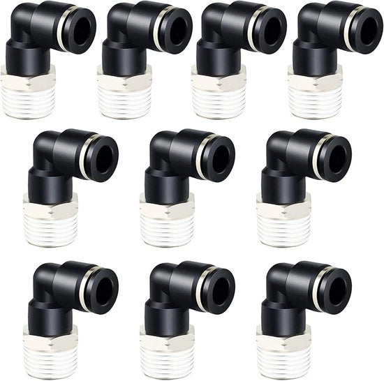 10 pezzi di connettore pneumatico a gomito nero, 6 mm, connettori maschielli a curva per tubi OD x 3/8 NPT, pneumatici, schiacciapersona per aria compressa