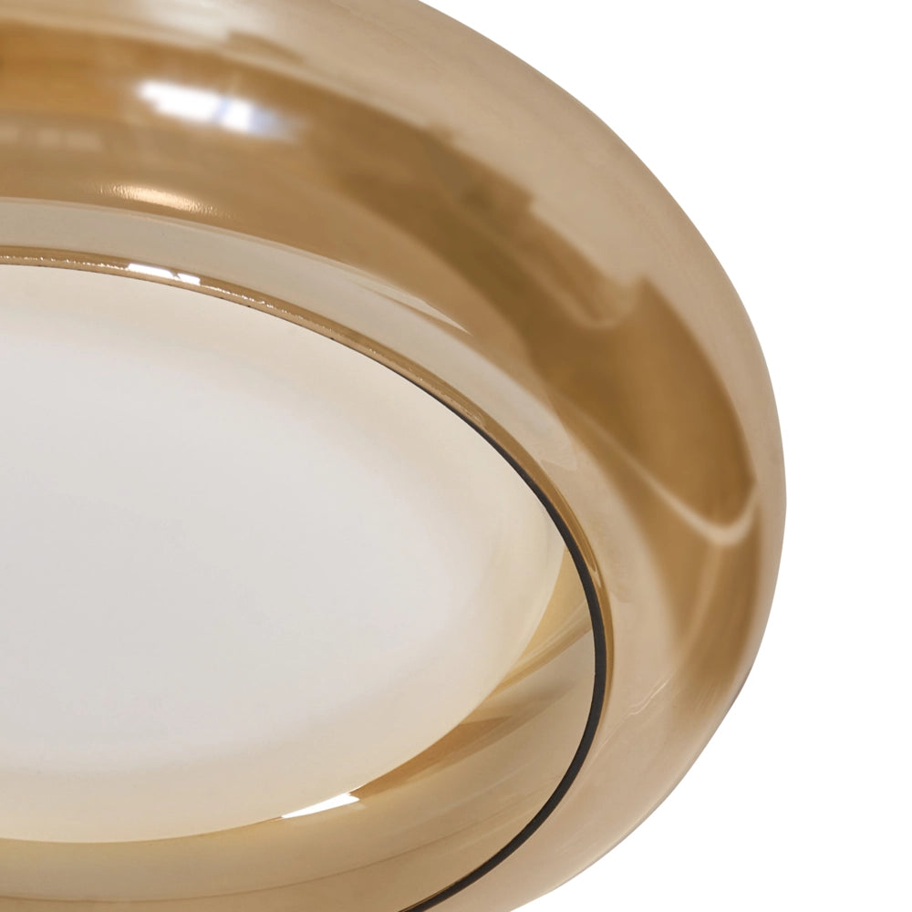 Lampada da soffitto con luci LED integrate, paralume in vetro a forma di anello, base in metallo con dimmer marrone