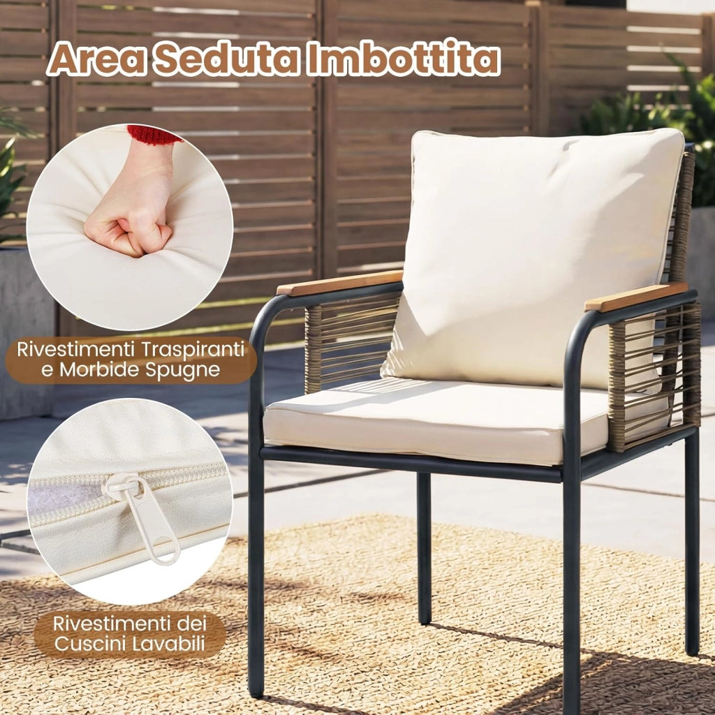 Set Salottino da Giardino in Vimini, Set di Mobili da 3 Pezzi per Esterno Salvaspazio con Cuscini, Tavolo Rettangolare e Sedie in Rattan per Balcone, Veranda, Giardino e Cortile (Beige)