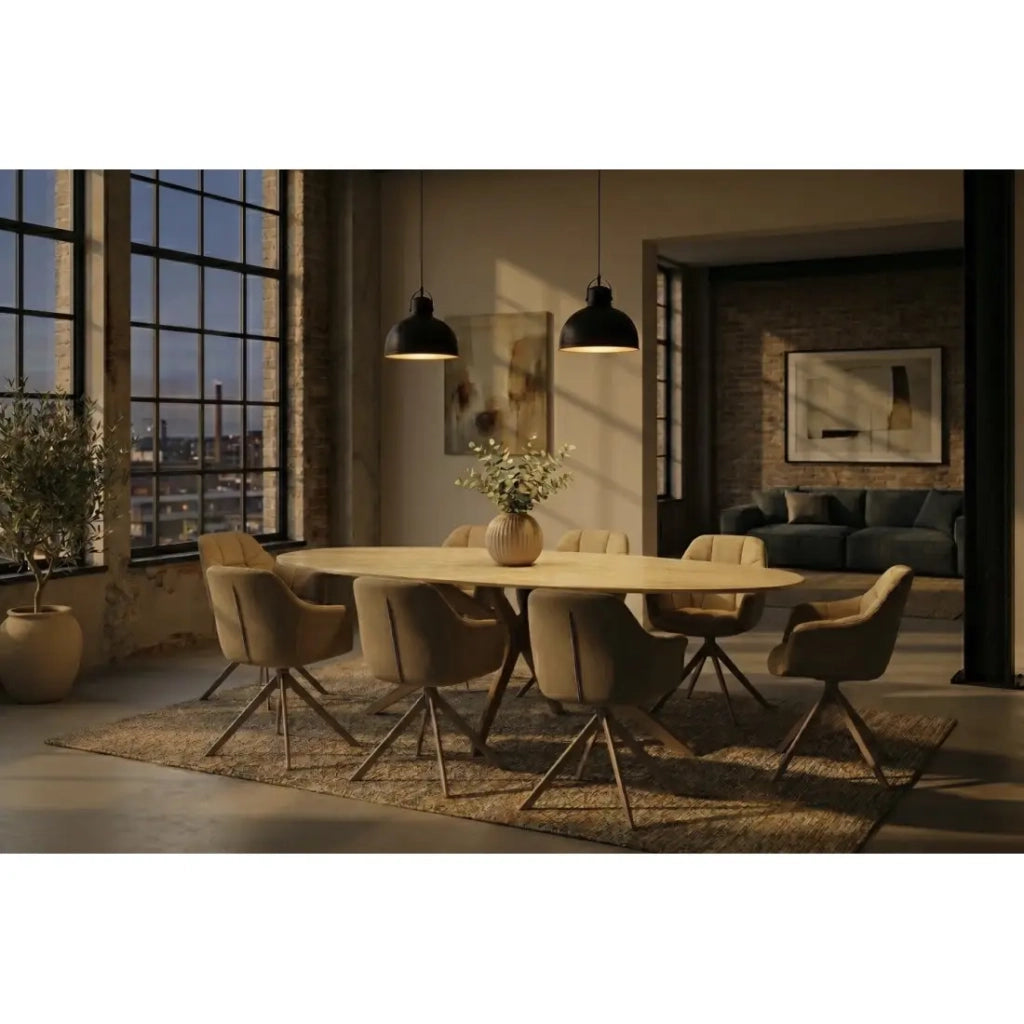 Tavolo da pranzo AVELIS ovale 220 cm in ceramica beige e metallo marrone stile contemporaneo