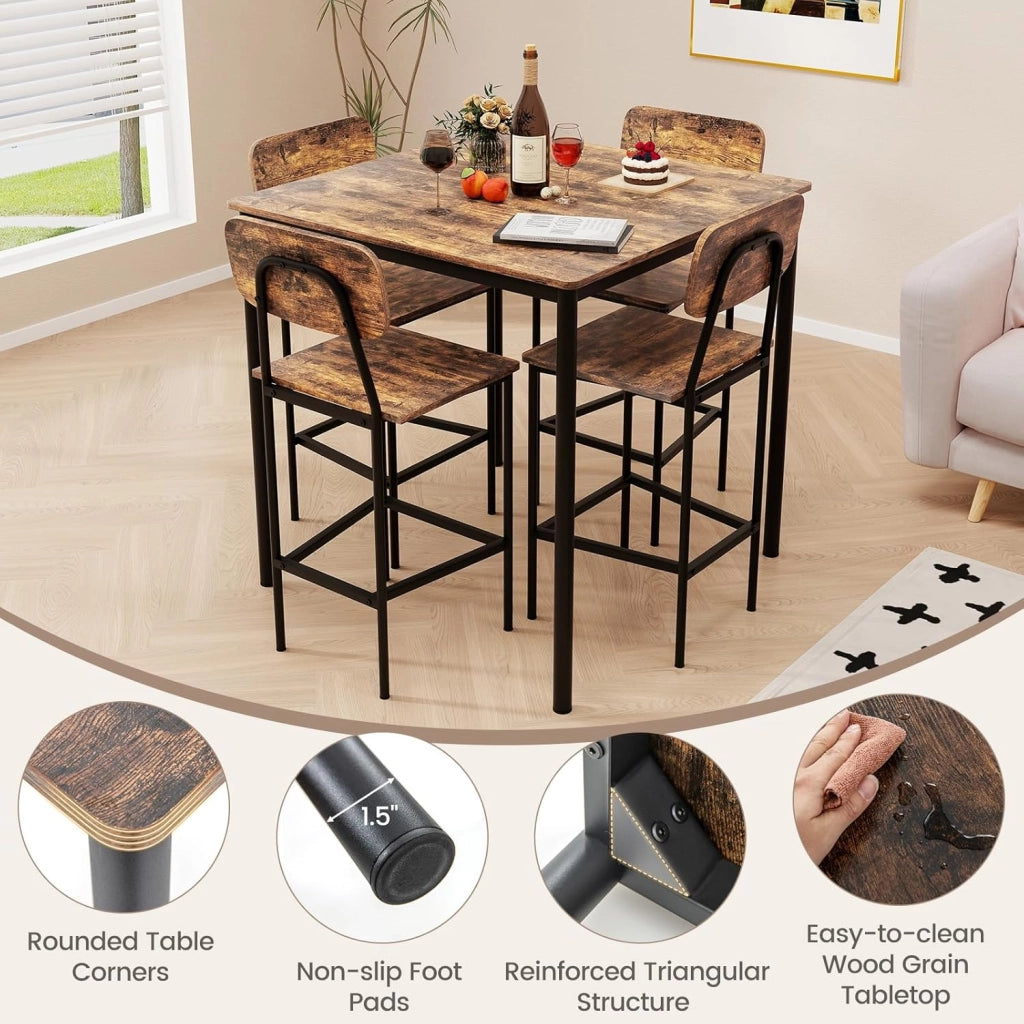Set Tavoli da Pranzo a 5 Pezzi, Tavolo Alto e 4 Sgabelli da Bar con Poggiapiedi e Schienale, Finiture con Venature di Legno, Gambe di Metallo, Set Mobili Salvaspazio per Bar (Industriale)